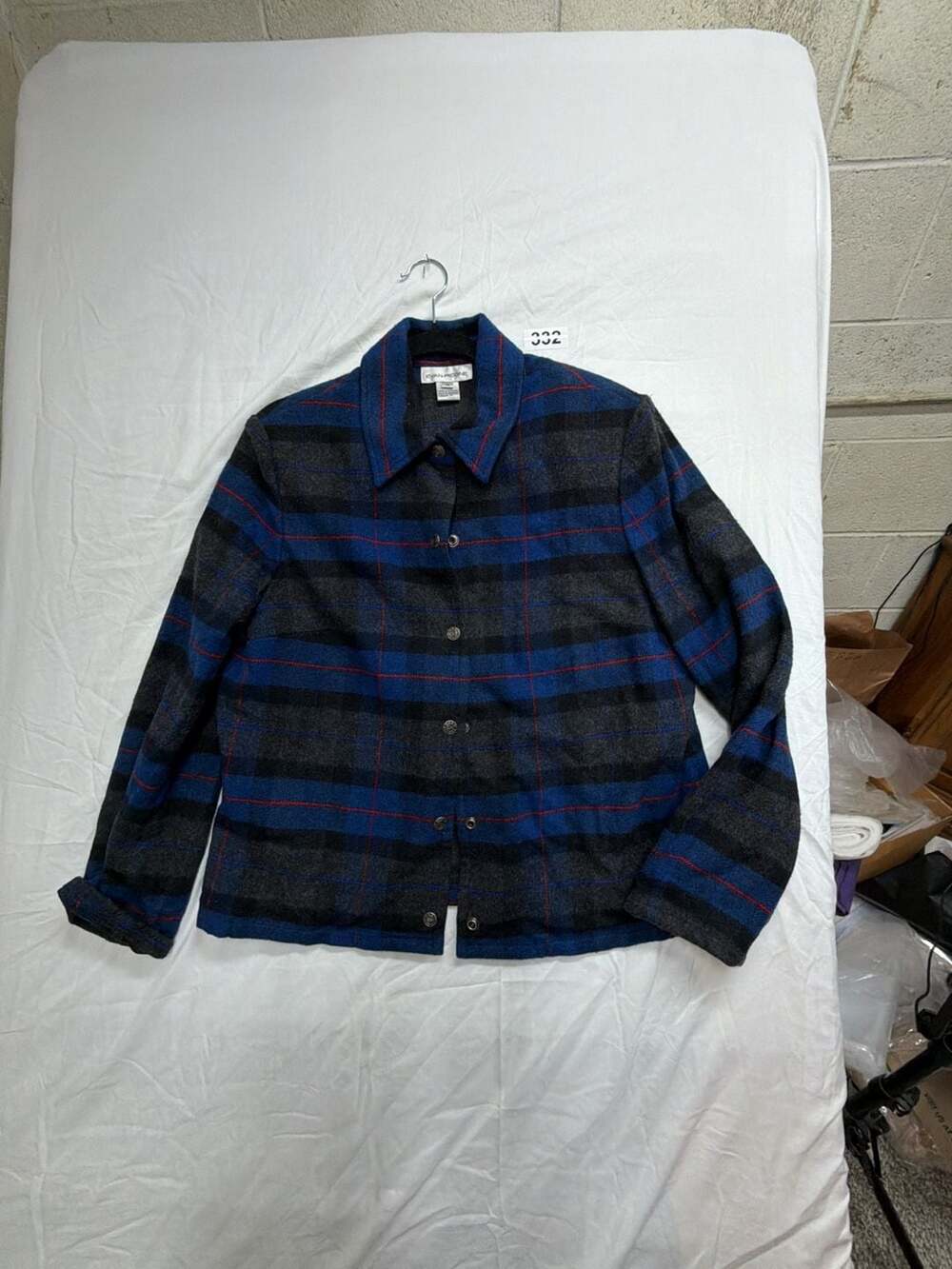 Vintage Evan Picone Blue Gray Red Plaid Wool Blend Jacket Size 14